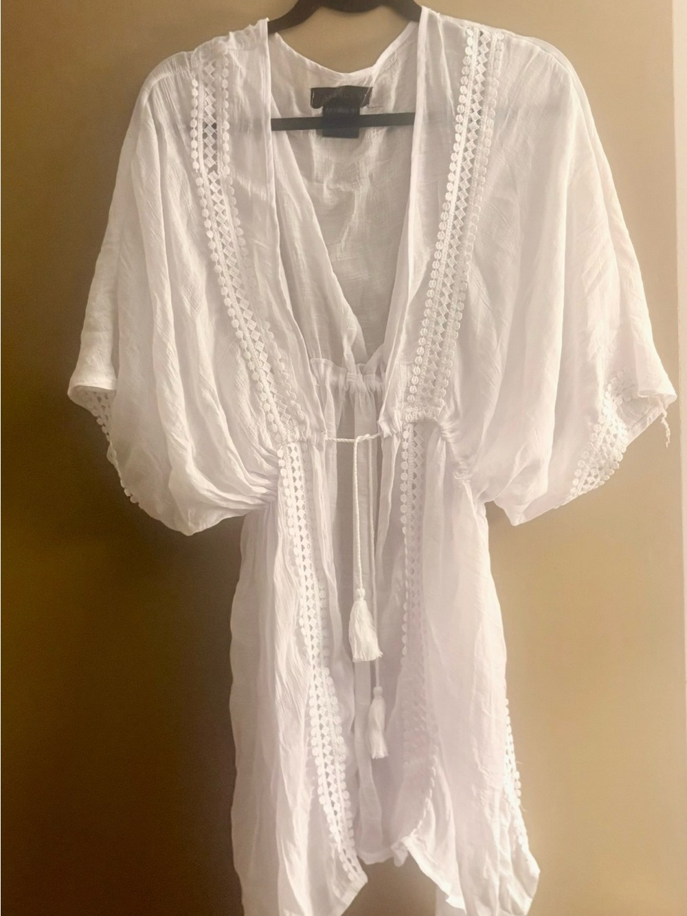 Avenue 9 White Lace-Trim Tassel Swim Coverup
